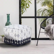 Nordic Navy Blue/Ivory Ornamental Pouf Ottoman - Modiniva LLC