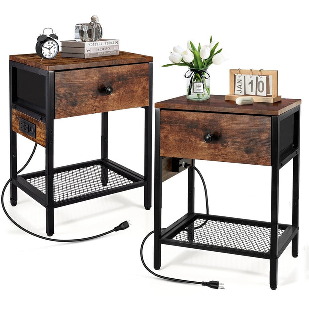 Nightstand with Drawer, End Side Table with Charging Station for Bedroom,2 Pack - Modiniva LLC