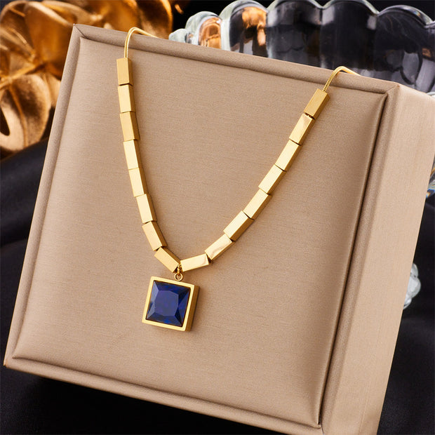 Square Blue Gem Gold Necklace N1787 Jewelry & Watches