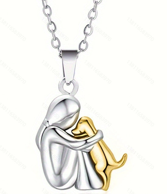 Cute Girl and Puppy Pendant Necklace Necklace white+gold Jewelry & Watches