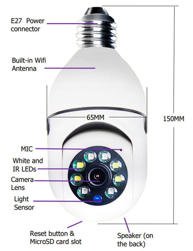 WiFi CAMERA 1080P Bulb 4X Zoom Camera Monitor