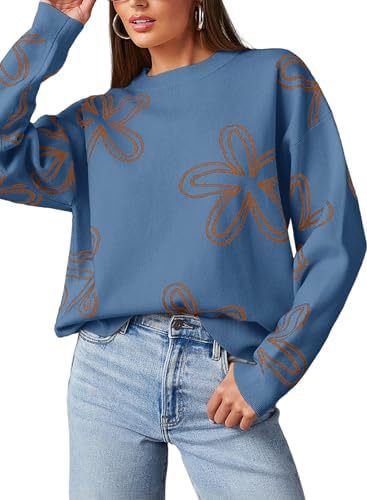 Women's casual crew neck long sleeve floral print coarse knit pullover sweater top - Modiniva LLC