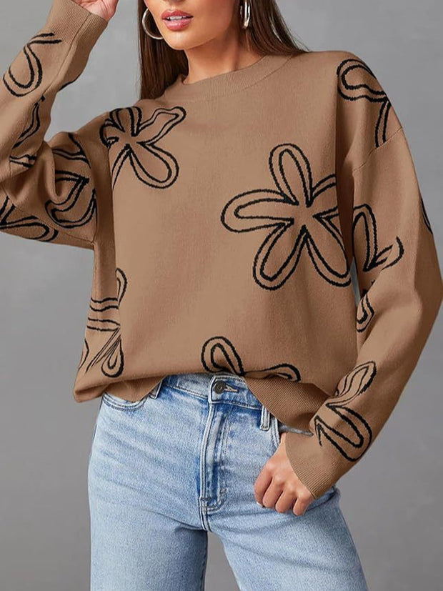 Women's casual crew neck long sleeve floral print coarse knit pullover sweater top - Modiniva LLC