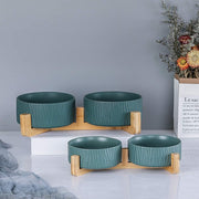 Green Ceramic Pet Bowls with Bamboo Stand (2 Bowls)