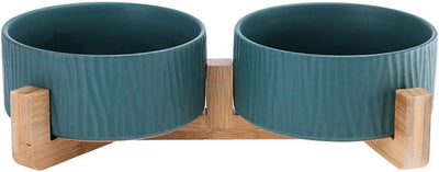 Green Ceramic Pet Bowls with Bamboo Stand (2 Bowls) - Modiniva LLC