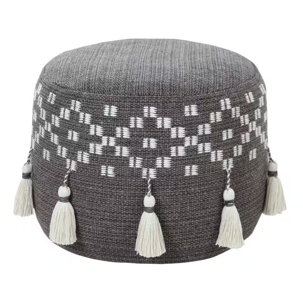 Scandinavian Gray / Ivory Woven Geometric Pouf Ottoman