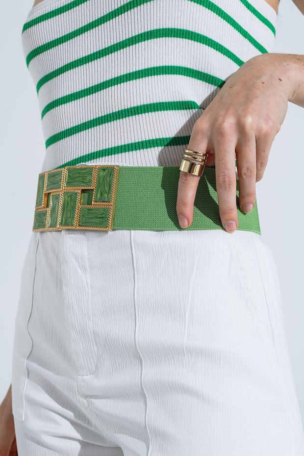 Green Elastic Belt With Squared Marbled Buckles