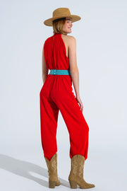 Red Jumpsuit With Crossed Halter Neckline - Modiniva LLC