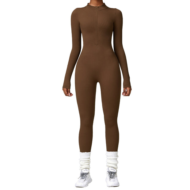 Tight long-sleeved yoga jumpsuit zipper abdominal high-intensity sports fitness clothing women - Modiniva LLC