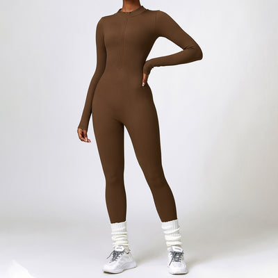 Tight long-sleeved yoga jumpsuit zipper abdominal high-intensity sports fitness clothing women - Modiniva LLC