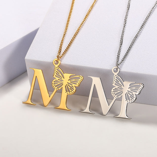 Butterfly Initial Pendant Necklace M Jewelry & Watches