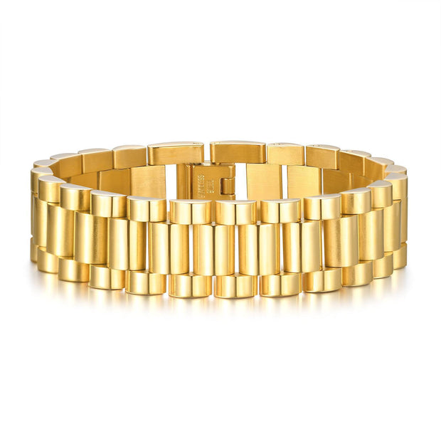 Elegant titanium steel bracelet with electroplated finish, available in golden and steel colors, multiple widths, and sizes for unisex wear.