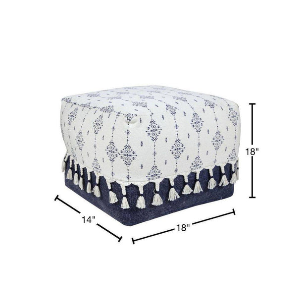 Nordic Navy Blue/Ivory Ornamental Pouf Ottoman