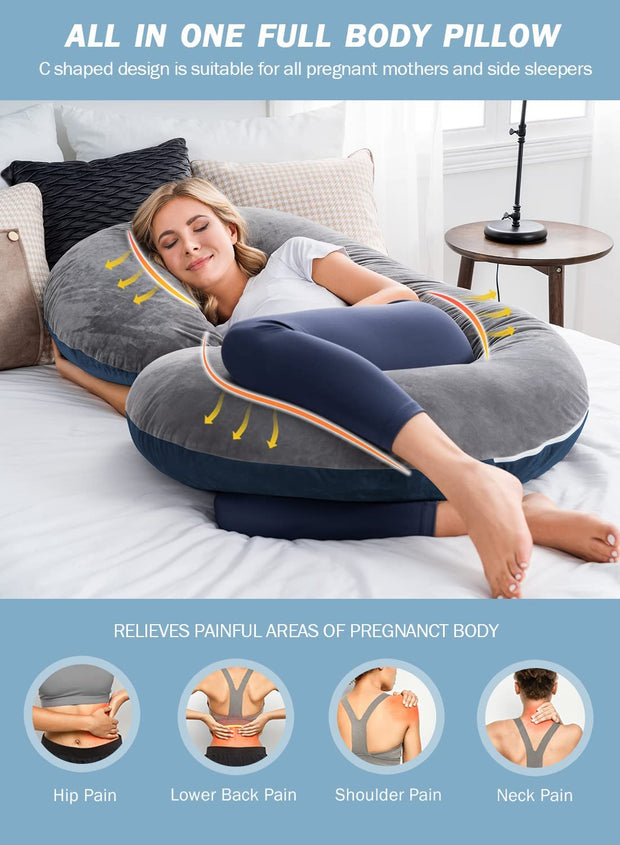 Pregnancy Body Pillow with Velvet Cover, C-Shaped Blue/Grey