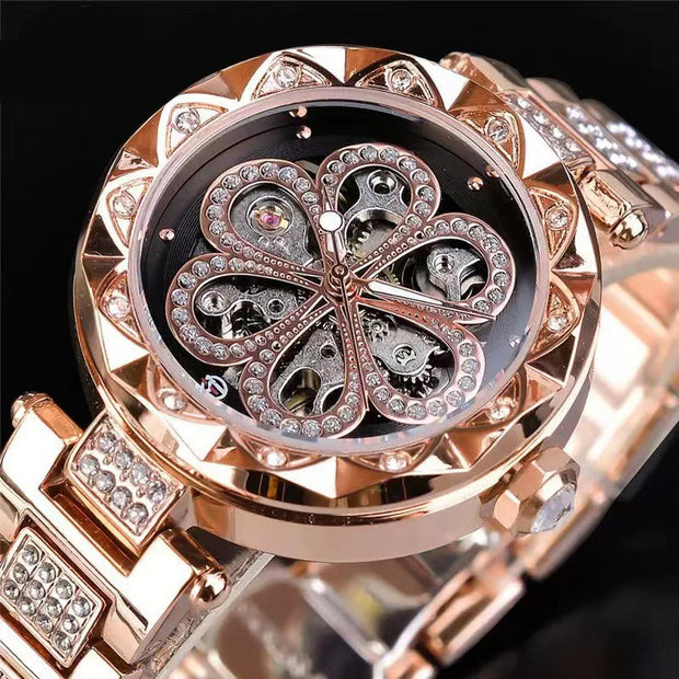 Forsining Mechanical Automatic Ladies Watches Top Brand Luxury Rhinestone Female Wrist Watches Rose Gold Stainless Steel Clock Jewelry & Watches