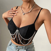 Pearl Chain Detailing: Fishbone Halter Crop Top - Modiniva LLC