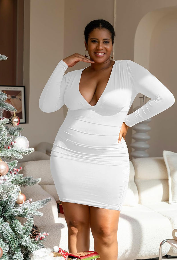 Embrace Every Curve: The Long Sleeve V-Neck Bodycon Dress - Modiniva LLC