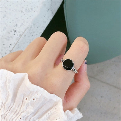 S925 Silver Black Dot Distressed Chain Ring