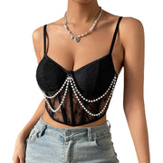 Pearl Chain Detailing: Fishbone Halter Crop Top - Modiniva LLC