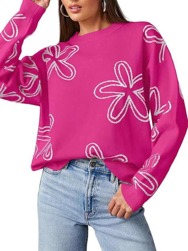 Women's casual crew neck long sleeve floral print coarse knit pullover sweater top - Modiniva LLC