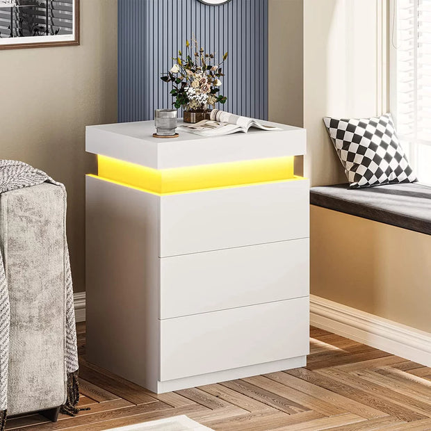 LED Nightstand with 3 Drawers , White Nightstand Bedside Bed - Modiniva LLC