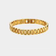 Elegant titanium steel bracelet with electroplated finish, available in golden and steel colors, multiple widths, and sizes for unisex wear.