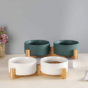 Green Ceramic Pet Bowls with Bamboo Stand (2 Bowls)