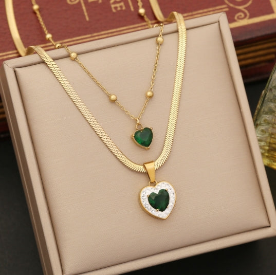 Green Heart Charm Layered Necklace - Modiniva LLC