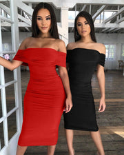 Cocktail Party Off-Shoulder Rushed Bodycon Midi Dress - Modiniva LLC