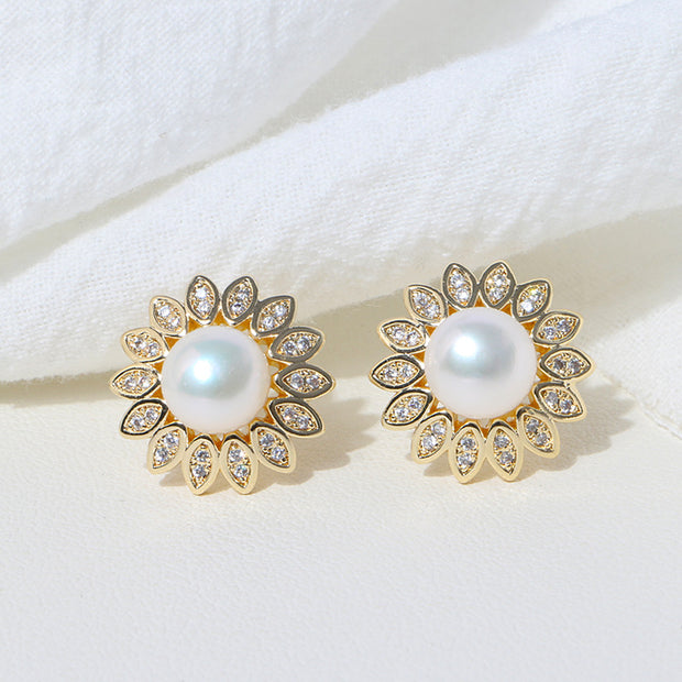 Gold Metal Pearl Sunflower Earrings Jewelry & Watches