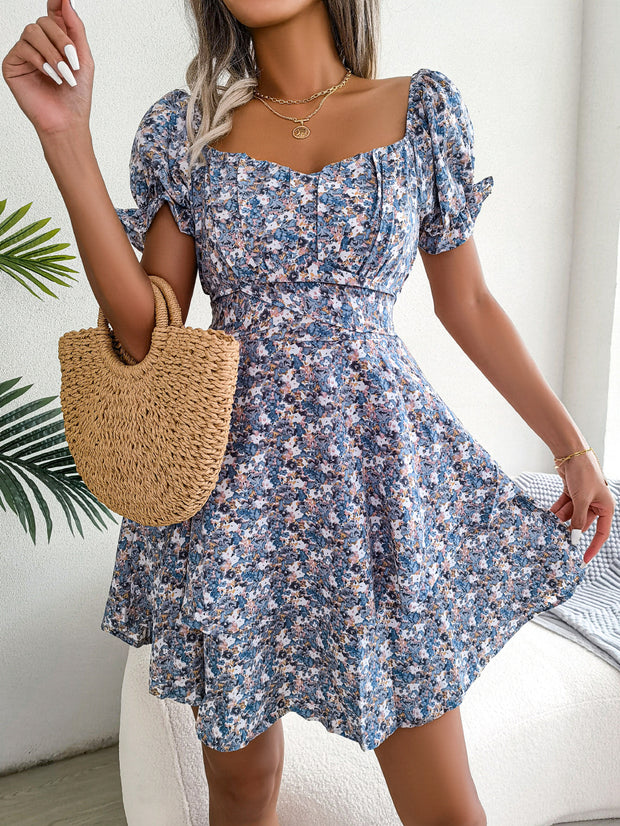 Floral High-Waist Swing Dress Blue Women's Clothing