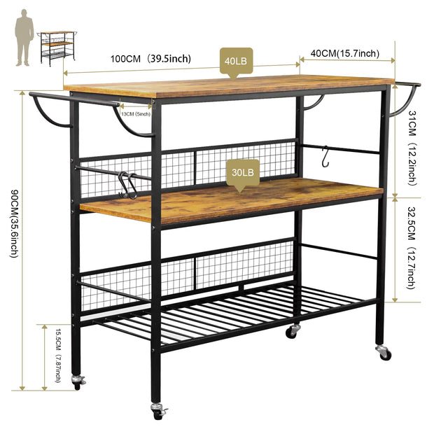 3-Tier Rolling Kitchen Cart - Modiniva LLC