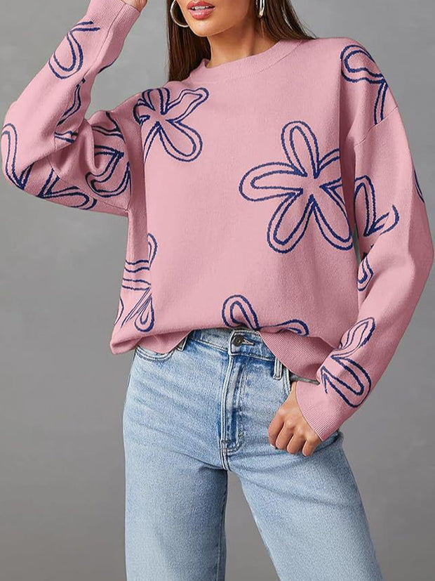 Women's casual crew neck long sleeve floral print coarse knit pullover sweater top - Modiniva LLC