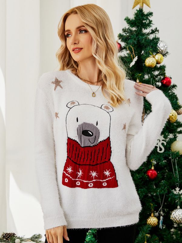 Design sense knit top Christmas cartoon jacquard knit embroidered Bear Christmas sweater - Modiniva LLC