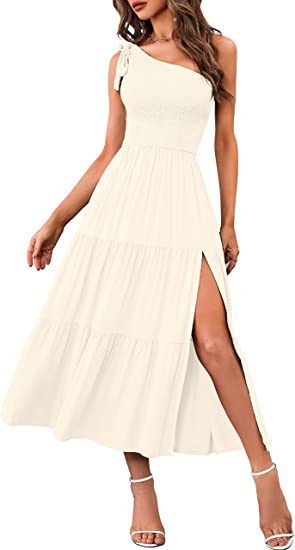 One-Shoulder Pleated Split Dress Offwhite Bags & Shoes