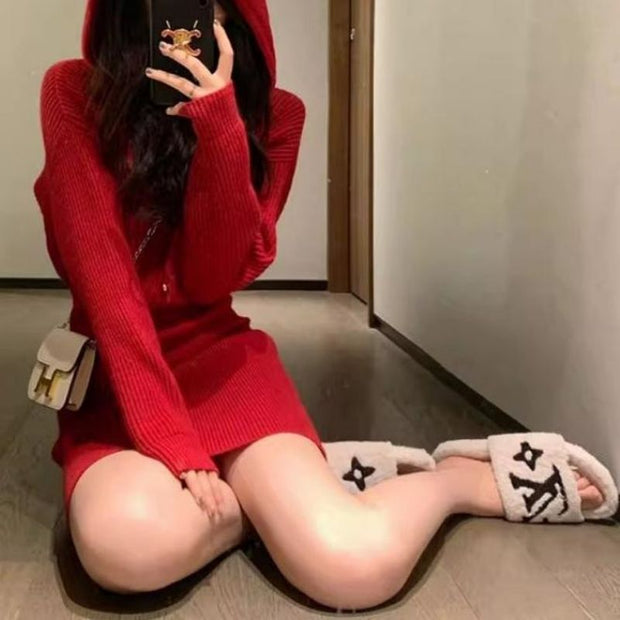 Red Hooded Knitted Dress