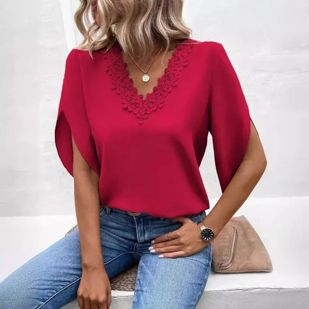 Romantic Lace V-Neck: Flowy Boho Blouse Women's Clothing