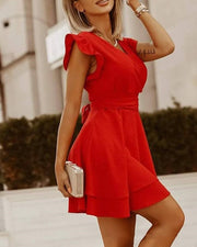 Fashion Casual V-neck Mid-waist Tie Bow Short-sleeved Dress - Modiniva LLC