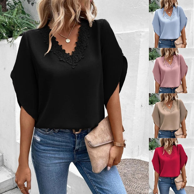 Romantic Lace V-Neck: Flowy Boho Blouse Women's Clothing