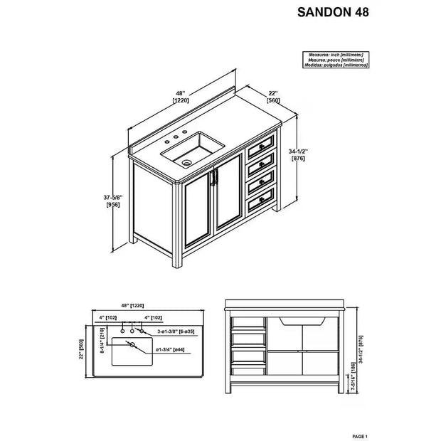 Sandon 48 In. W X 22 In. D X 34 In. H Single Sink