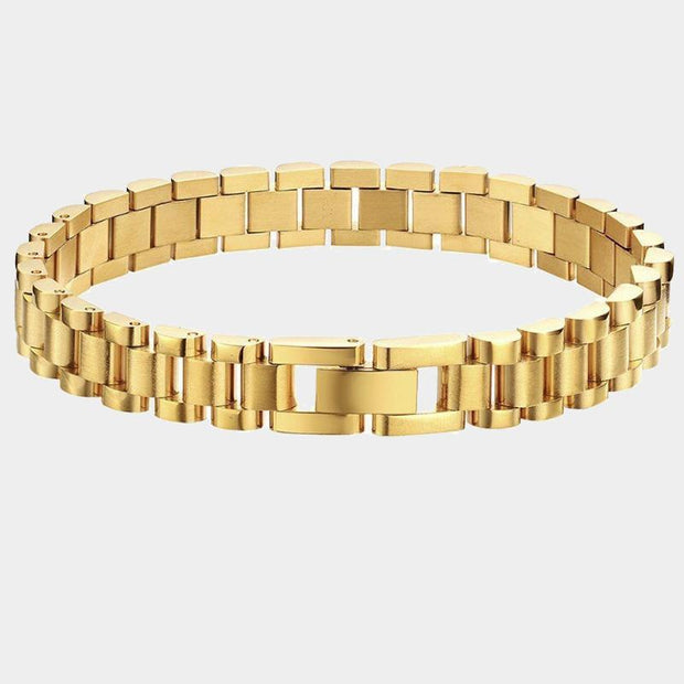 Elegant titanium steel bracelet with electroplated finish, available in golden and steel colors, multiple widths, and sizes for unisex wear.