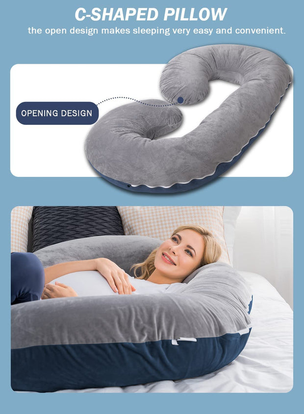 Pregnancy Body Pillow with Velvet Cover, C-Shaped Blue/Grey